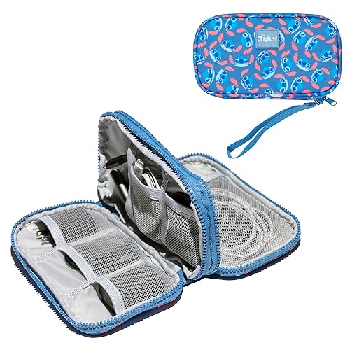 Bioworld Disney Stitch Repeat Character Heads 4" Blue Tech Cable Organizer Travel Case