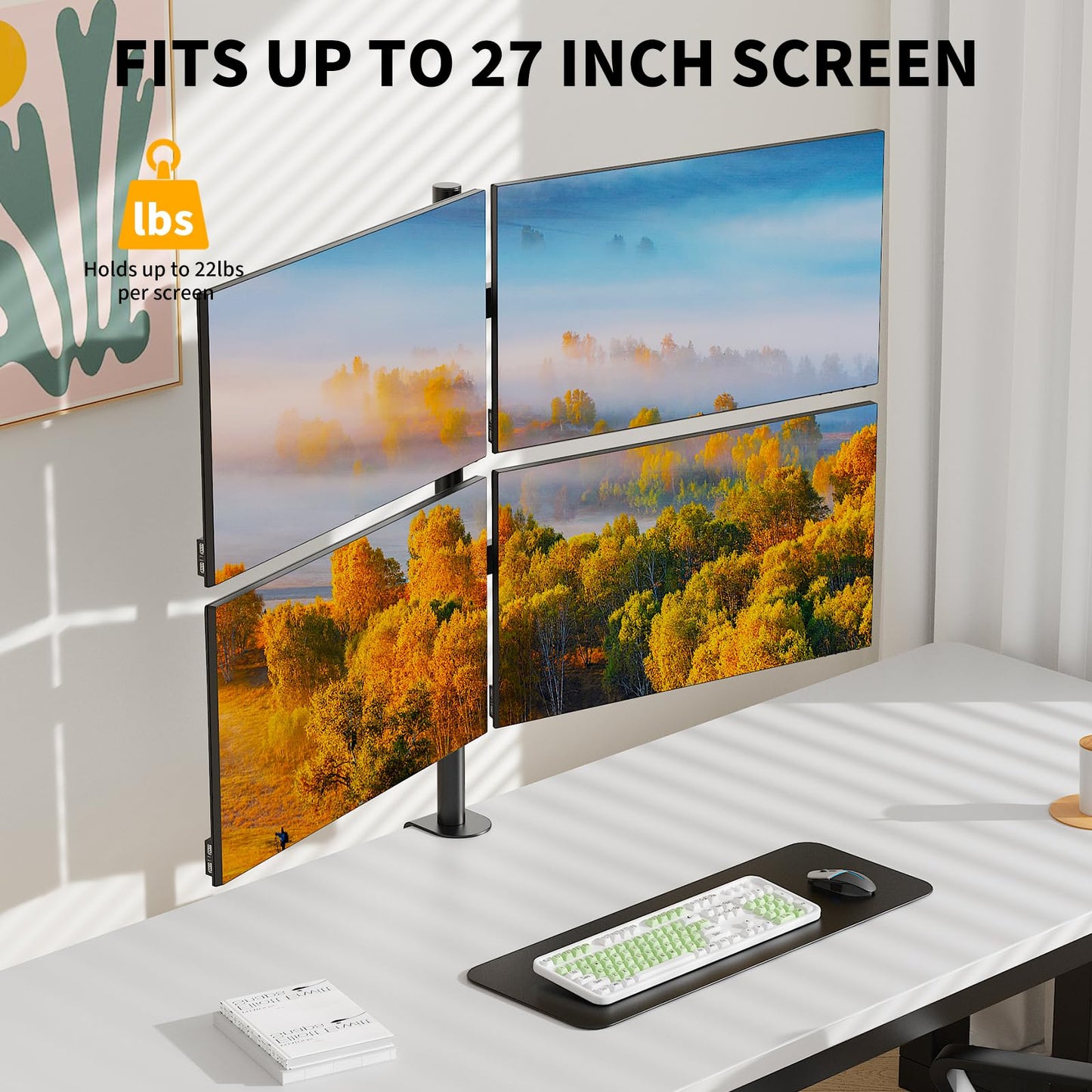 Livotica Quad Monitor Mount, Heavy Duty Adjustable 4 Monitors Desk Stand for 13"-27" Screen, Holds Up to 22lbs per Arm with C Clamp/Grommet Base
