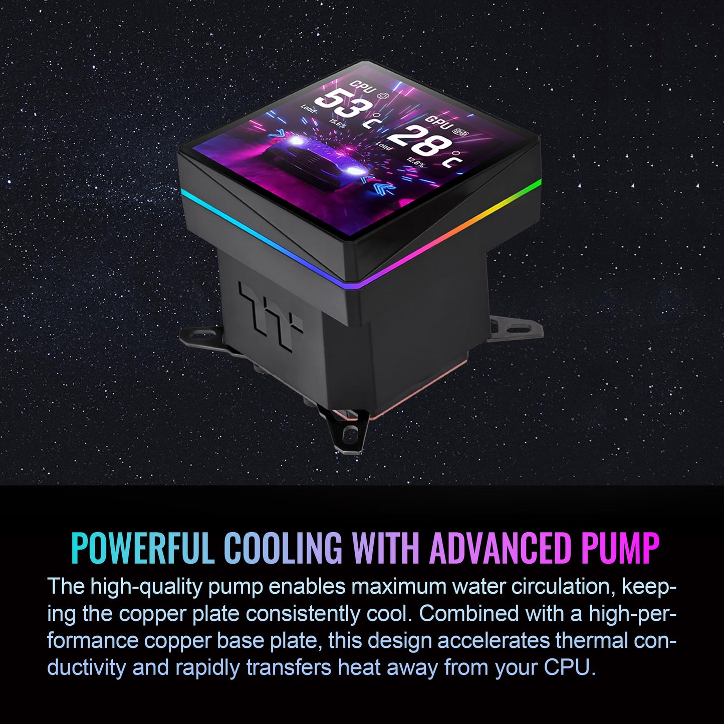 Thermaltake TH360 V3 Ultra ARGB CPU Liquid Cooler; Intel/AMD; 1x360mm 500~2500rpm Single Frame ARGB Fan; 3.95" TFT 720x720p LCD; Rotatable Pump Head