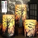 FLAVCHARM Halloween Decor Flameless Candles Set of 3 Black Spooky Bats Decal Flickering Battery Operated with Remote Real Wax LED Pillar Candles