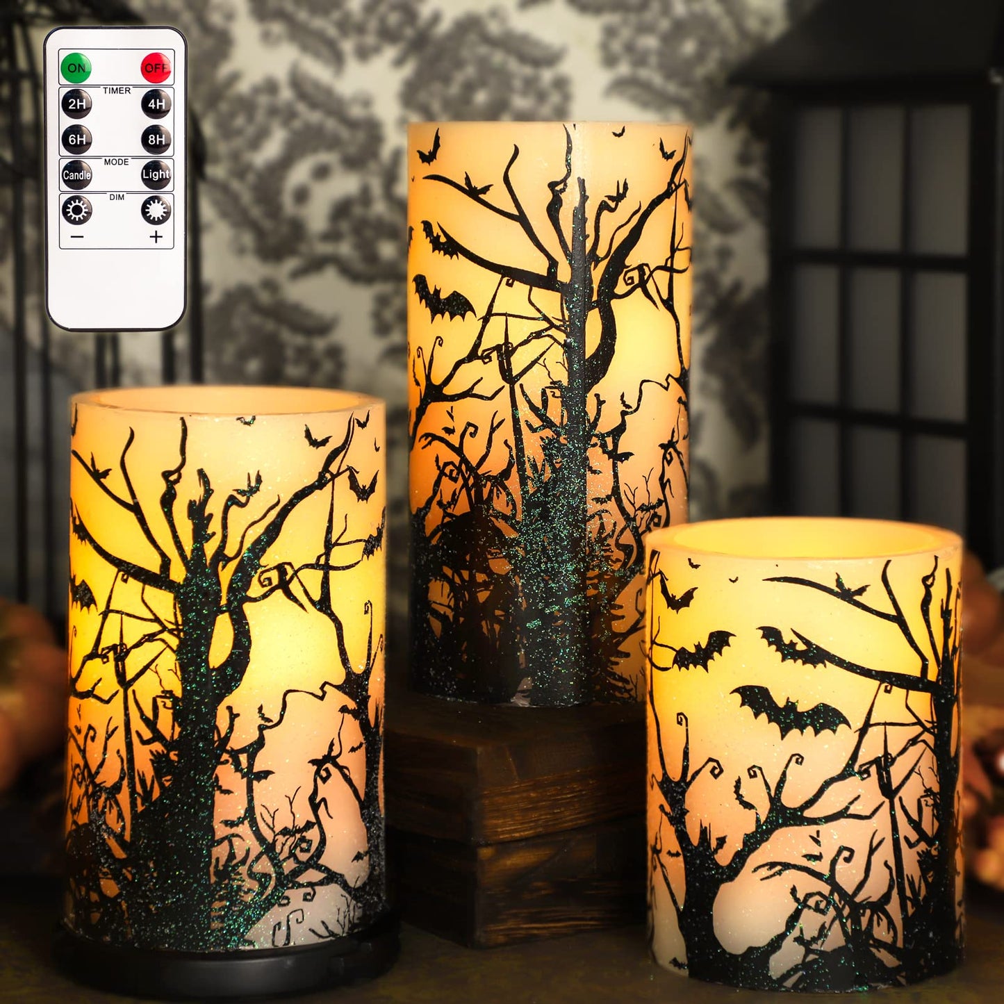 FLAVCHARM Halloween Decor Flameless Candles Set of 3 Black Spooky Bats Decal Flickering Battery Operated with Remote Real Wax LED Pillar Candles