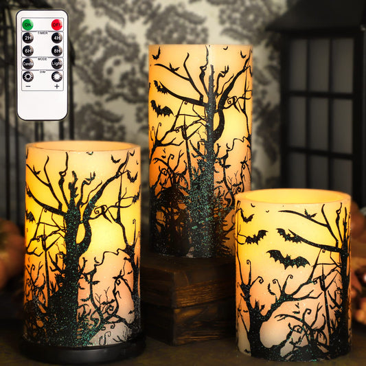 FLAVCHARM Halloween Decor Flameless Candles Set of 3 Black Spooky Bats Decal Flickering Battery Operated with Remote Real Wax LED Pillar Candles