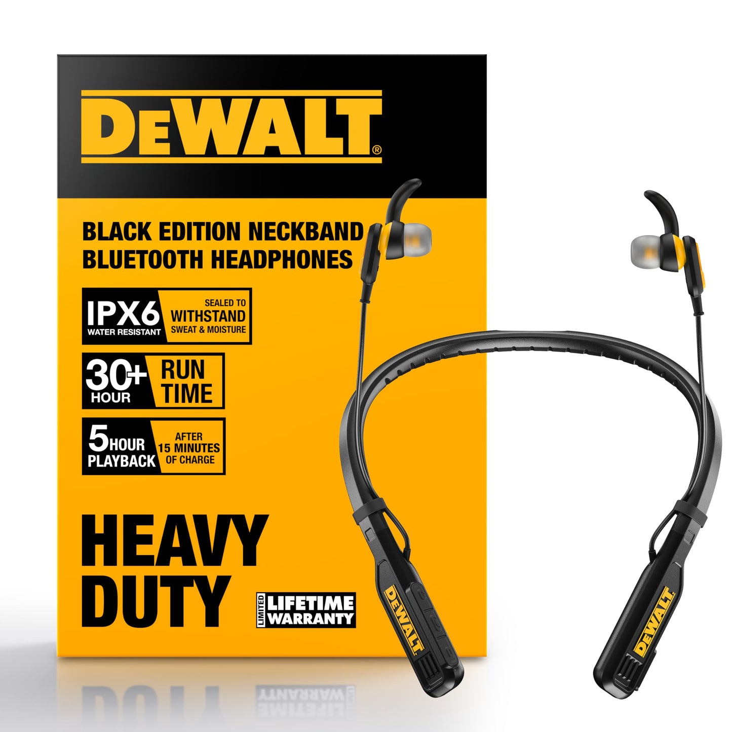 DEWALT Heavy Duty Magnetic Bluetooth Neckband Headphones, Wireless Around the Neck Earbuds w/30H Runtime+Noise Isolation, HandsFree Magnetic Wireless