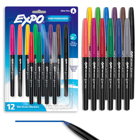 EXPO Wet Erase Markers, Semi-Permanent, Assorted Colors, Ultra Fine Tip, 12 Count - For Writing on Glass, Whiteboards, Mirrors, Calendar, Labeling