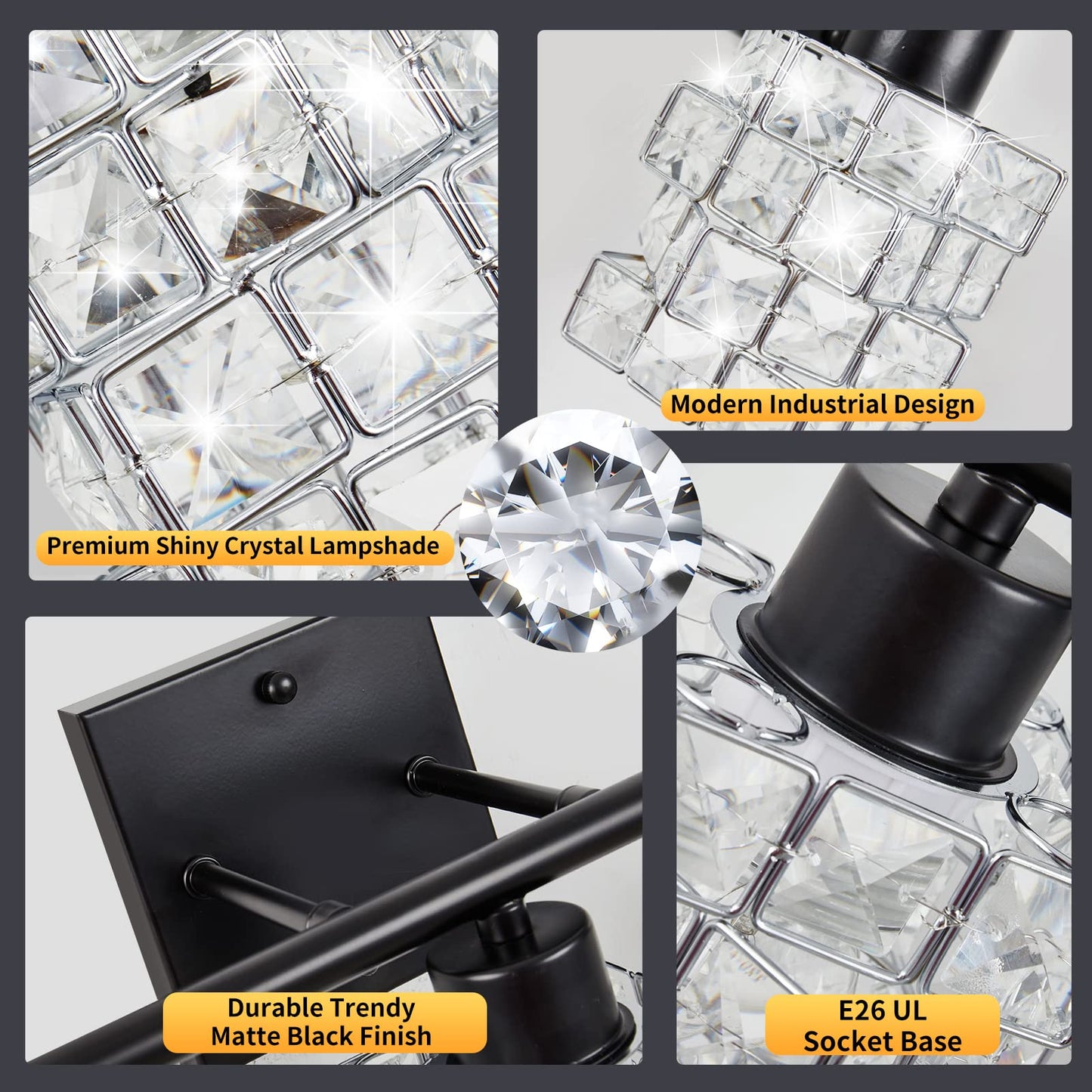 BEHIYA 3 Lights Bathroom Vanity Light, Crystal Bathroom Light Fixture Over Mirror, Matte Black & Crystal Rotateable Indoor Wall Lights | Chrome Glass