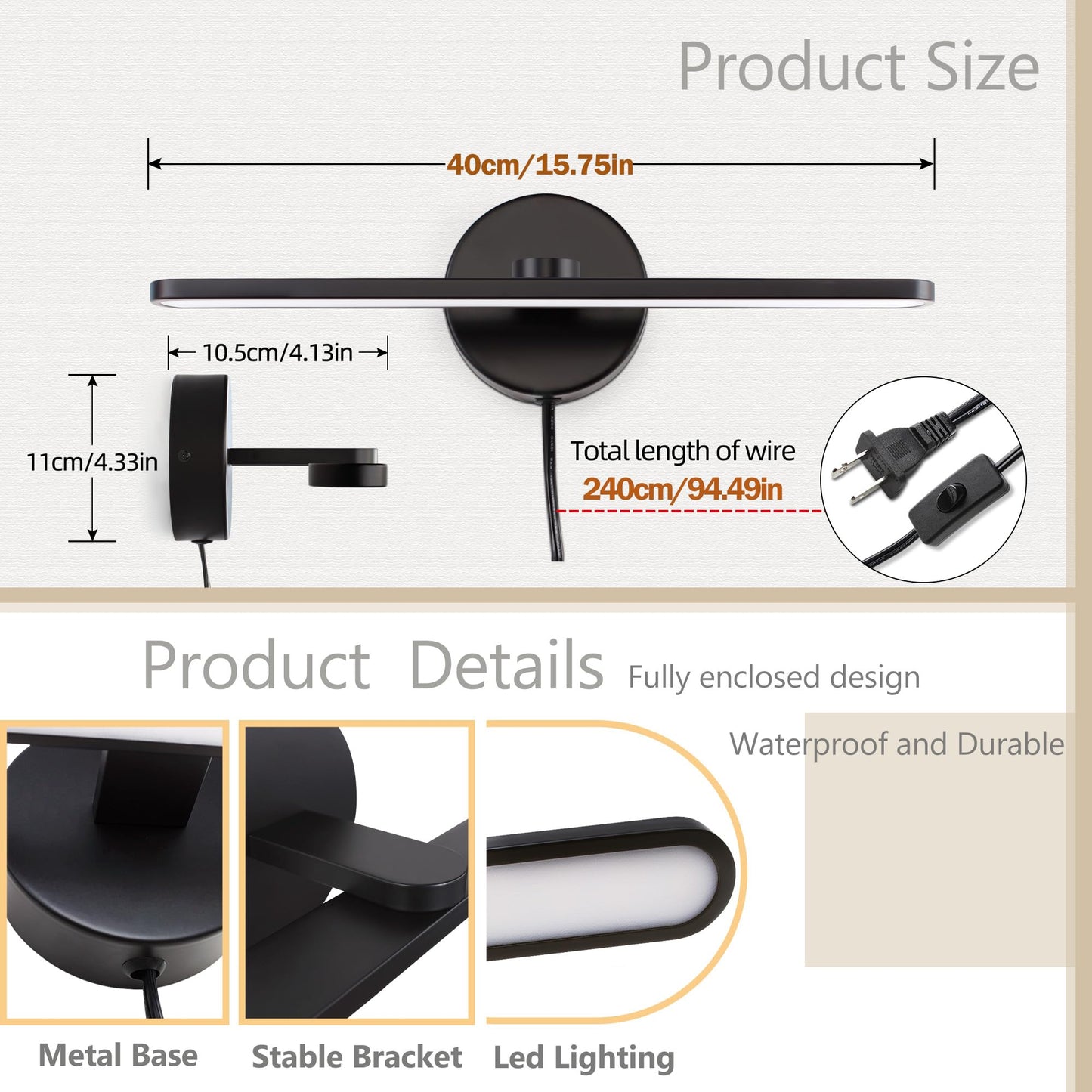 MantoLite LED Vanity Lighting Fixtures, 16inch Wall Mounted Plug in Light Fixtures Bathroom Over Mirror Lamp Modern Home Bedside Wall Picture Lamps
