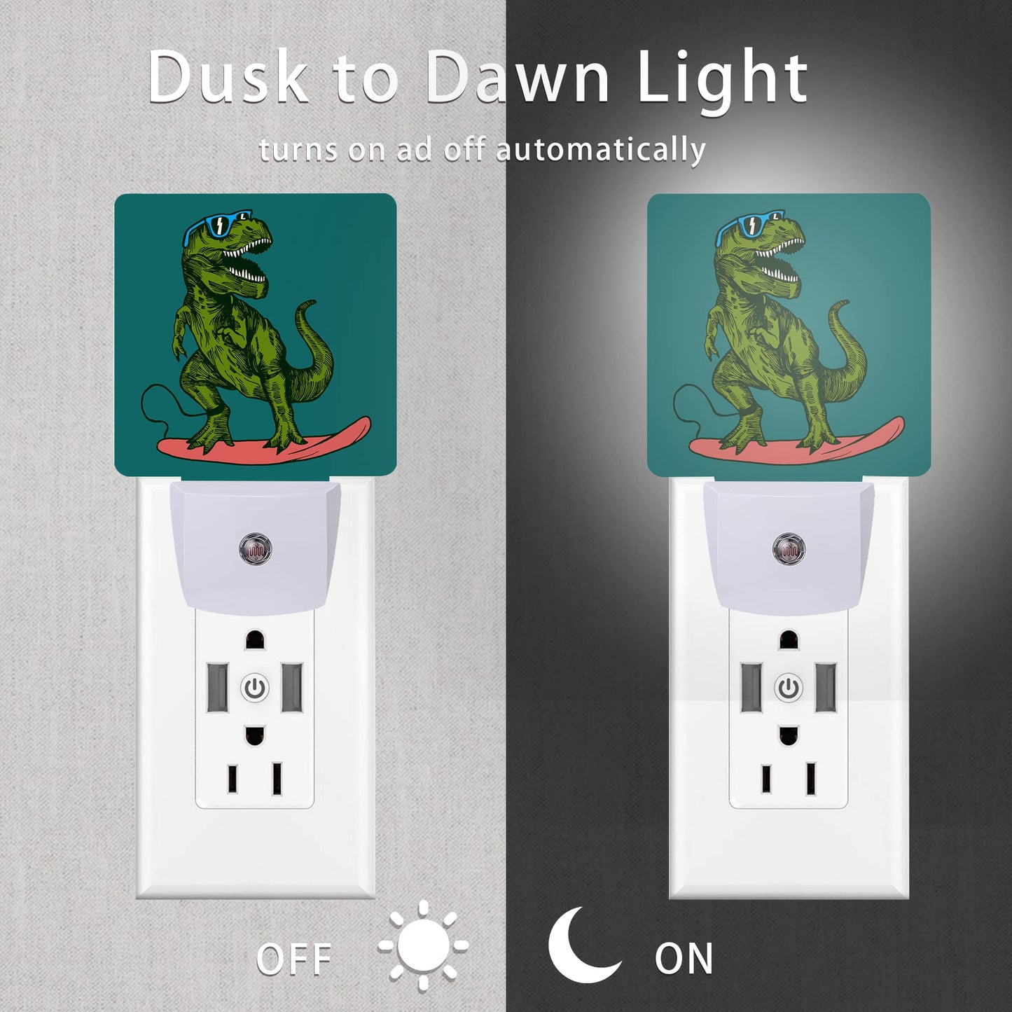 Oeaskly Dinosaur Night Light,Happy Dinosaur Surfer Night Lights Plug into Wall with Dusk to Dawn Light Sensors 0.5W Dim Night-Lights for Bedroom