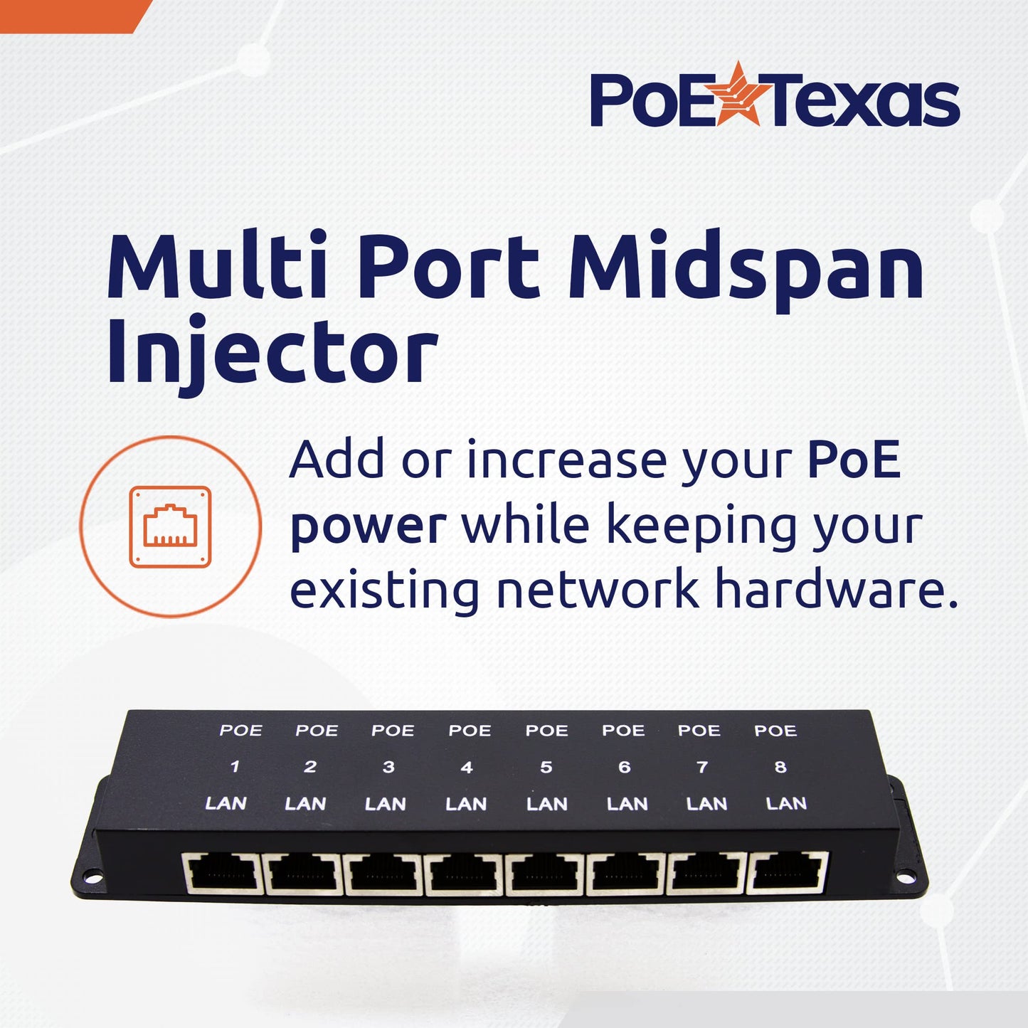PoE Texas 8 Port PoE Injector - 8 Port PoE Adapter - Add Power Over Ethernet for Passive Devices - 10/100 Data Rate for PTZ, IP Camera Video Security