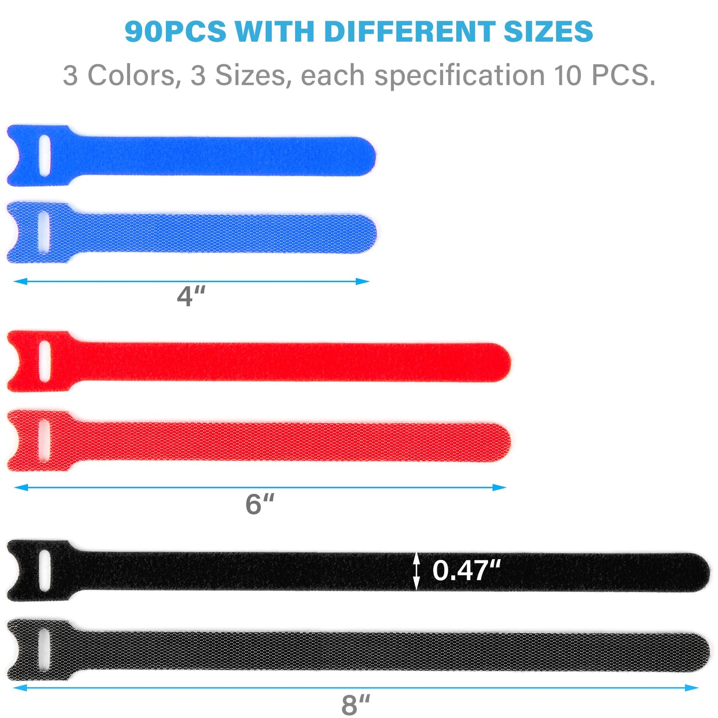 NBTORCH 90 PCS Reusable Cable Ties 4+6+8 Inch, Adjustable Hook and Loop Straps for Cord Organization, Wire Management - Home, Office, Garage