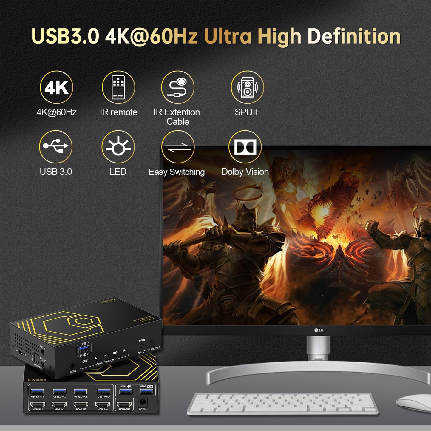 4K@60Hz HDMI KVM Switch USB3.0 4 Computers 1 Monitors HDMI 4 Port KVM Switches for 4 PC Share 1 Monitor and 4 USB 3.0 Devices SPDIF L/R Mic Audio