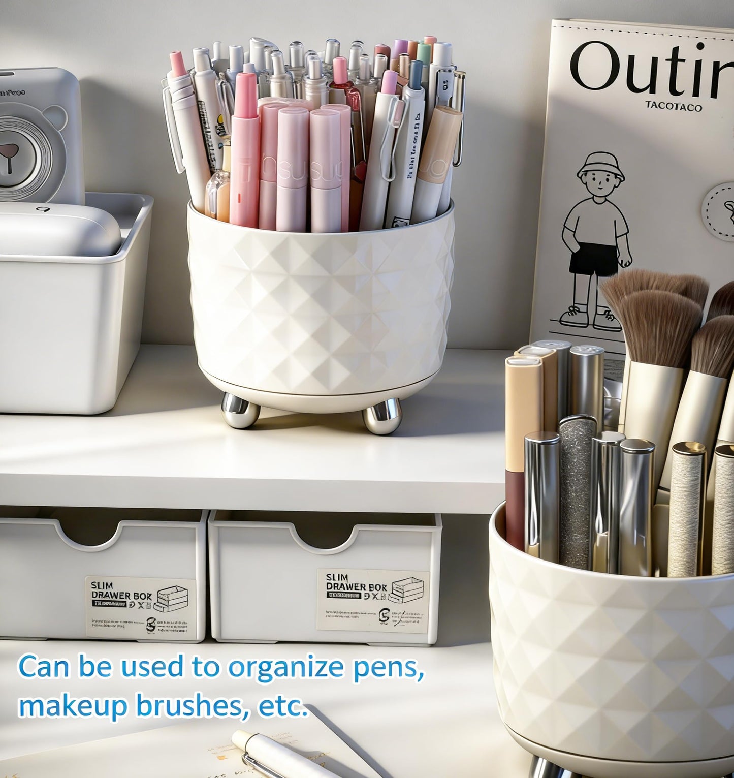 GOTOBA 360° Rotating Pencil Holder for Desk, Makeup Brush Holder with 6 Slots, Desk Organizer for Writing Utensil, Office and School Supplies (Milky