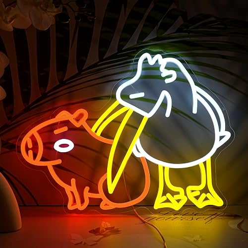 LISIGNVE Capybara Pelican Neon Sign for Wall Decor Funny Capybara Led Neon Light Sign Pelican Neon Light for Children's Room Kindergarten Bedroom Zoo