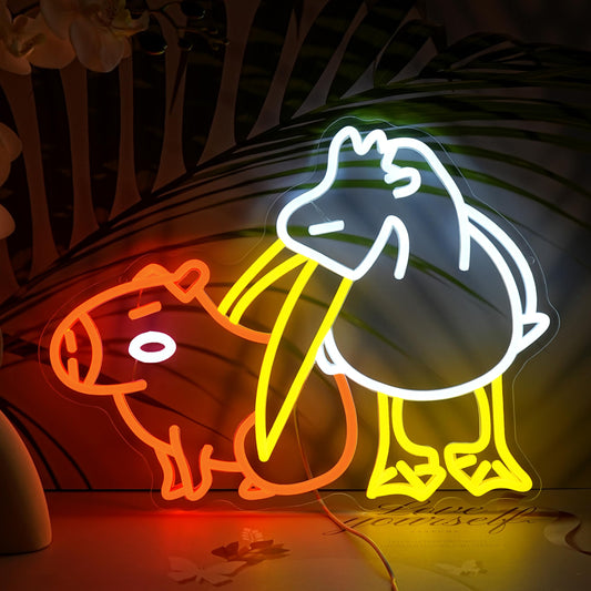 LISIGNVE Capybara Pelican Neon Sign for Wall Decor Funny Capybara Led Neon Light Sign Pelican Neon Light for Children's Room Kindergarten Bedroom Zoo