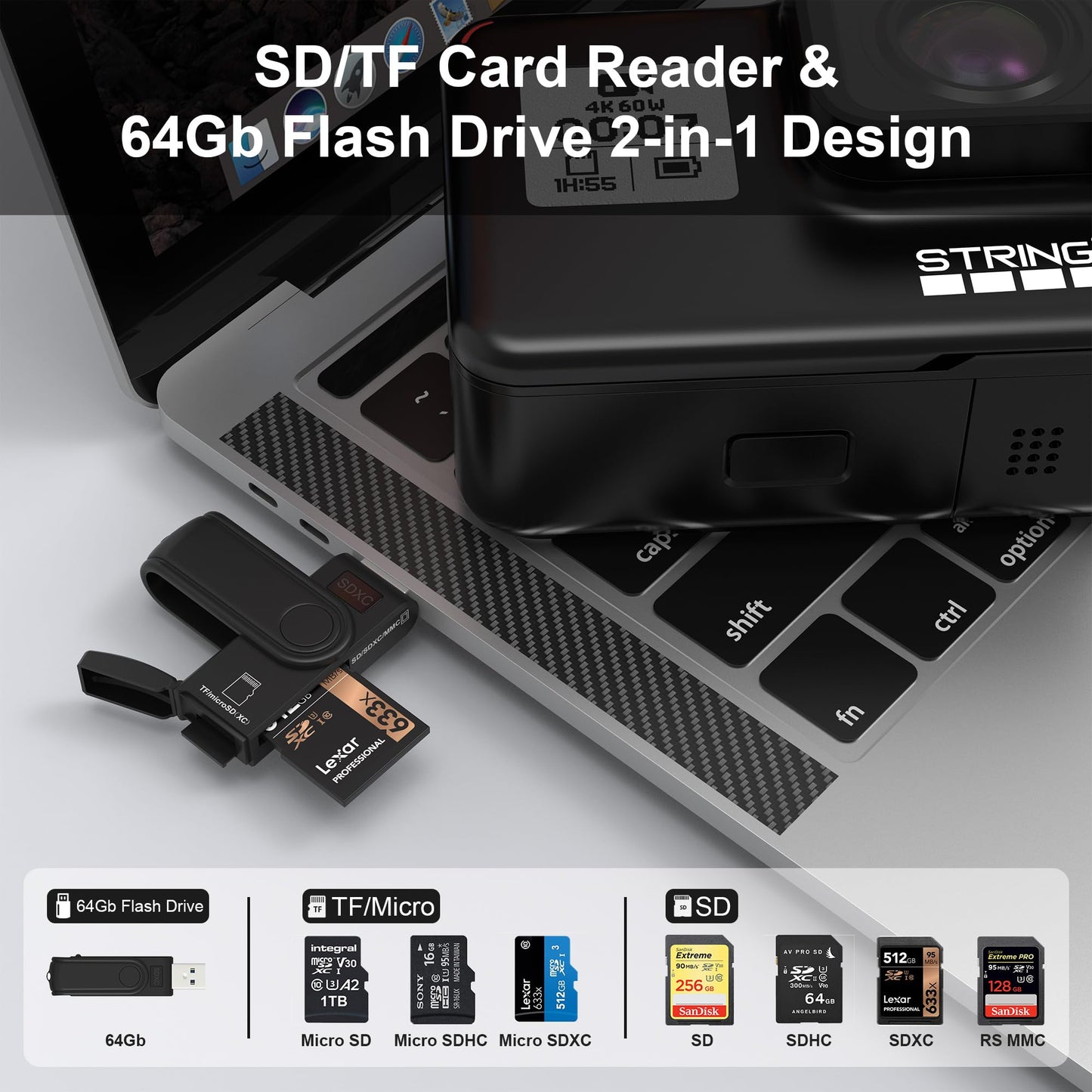 Micro SD Card Reader & 64GB USB Flash Drive 2 in 1 - USB 3.0 Memory Card Reader Adapter Supports SD/Micro SD/MMC/SDXC/SDHC/Micro SDHC Card, Portable U