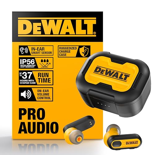 DEWALT Heavy Duty True Wireless Ear Buds, Bluetooth Headphones with Type C Charging Case Included, Over 37 Hours of Battery Life, Easy Setup