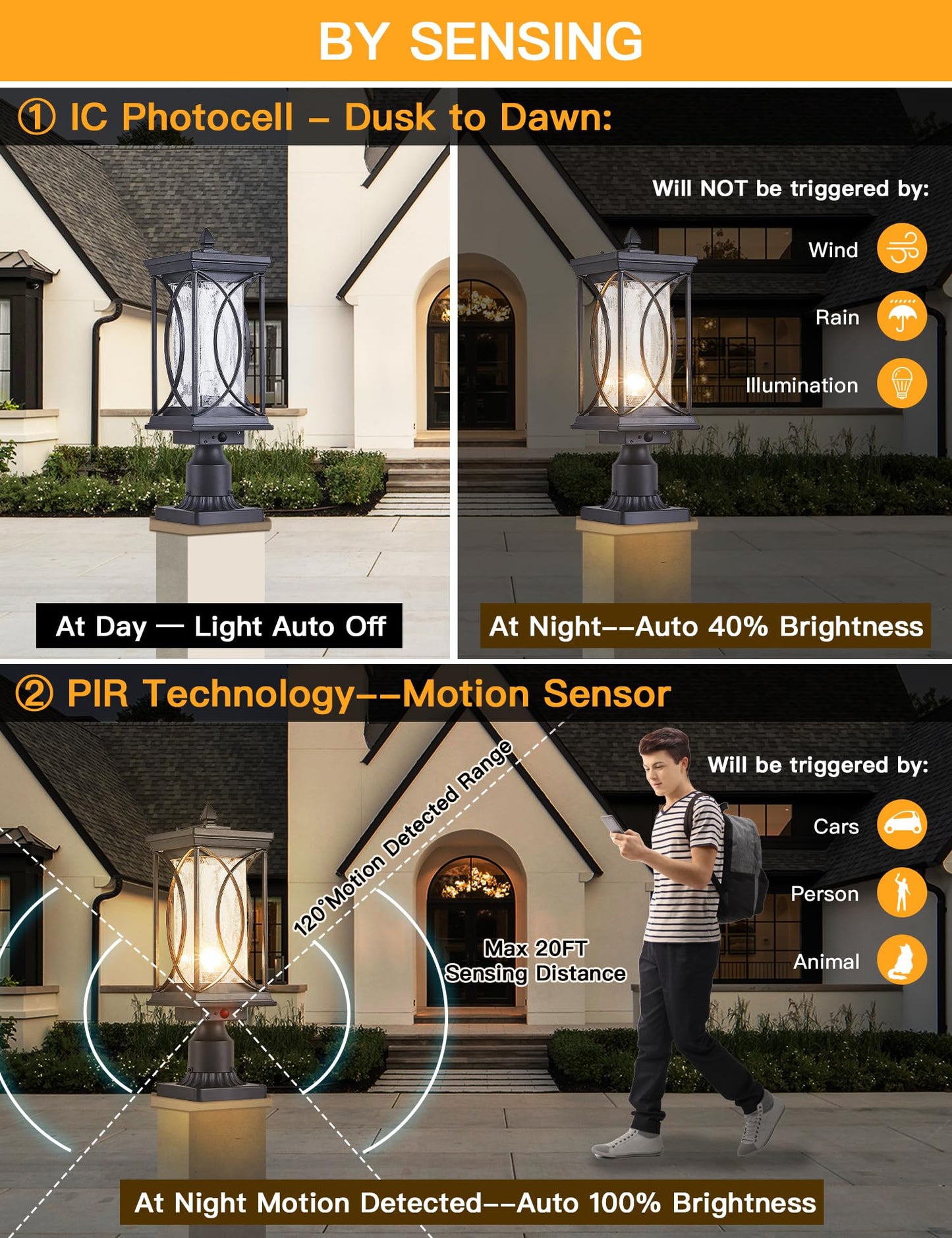 Delicavy Motion Outdoor Post Lantern Dusk to Dawn Pillar Lamp with 3 Inch Pier Mount Adapter, Black Pole Light Aluminum with Crackle Glass Motion