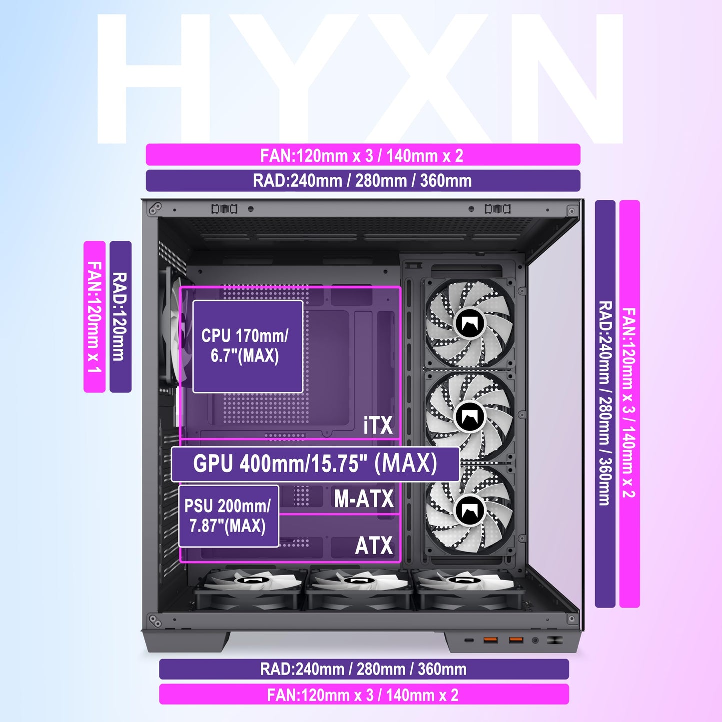 HYXN H1 HYXN ATX PC Case - Pre-Installed with 7 PWM ARGB Fans - Dual Cavity Mid-Tower PC Gaming Case - with Type-C - Can Hold up to 3X 360mm Radiator
