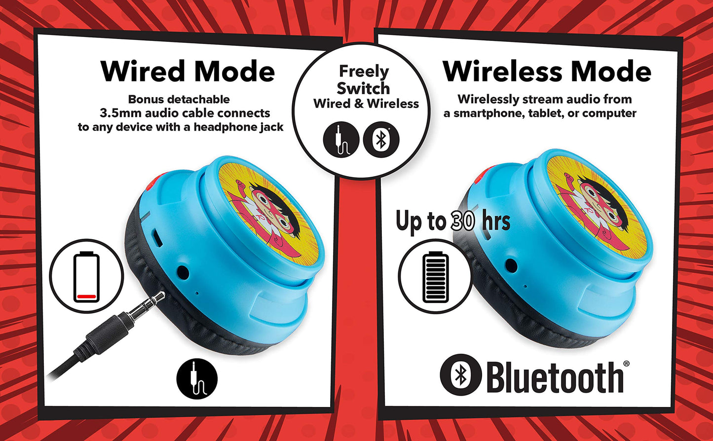 eKids Ryans World Kids Bluetooth Head Phones, Wireless Headphones with Microphone Includes Aux Cord, Volume Reduced Kids Foldable Headphones