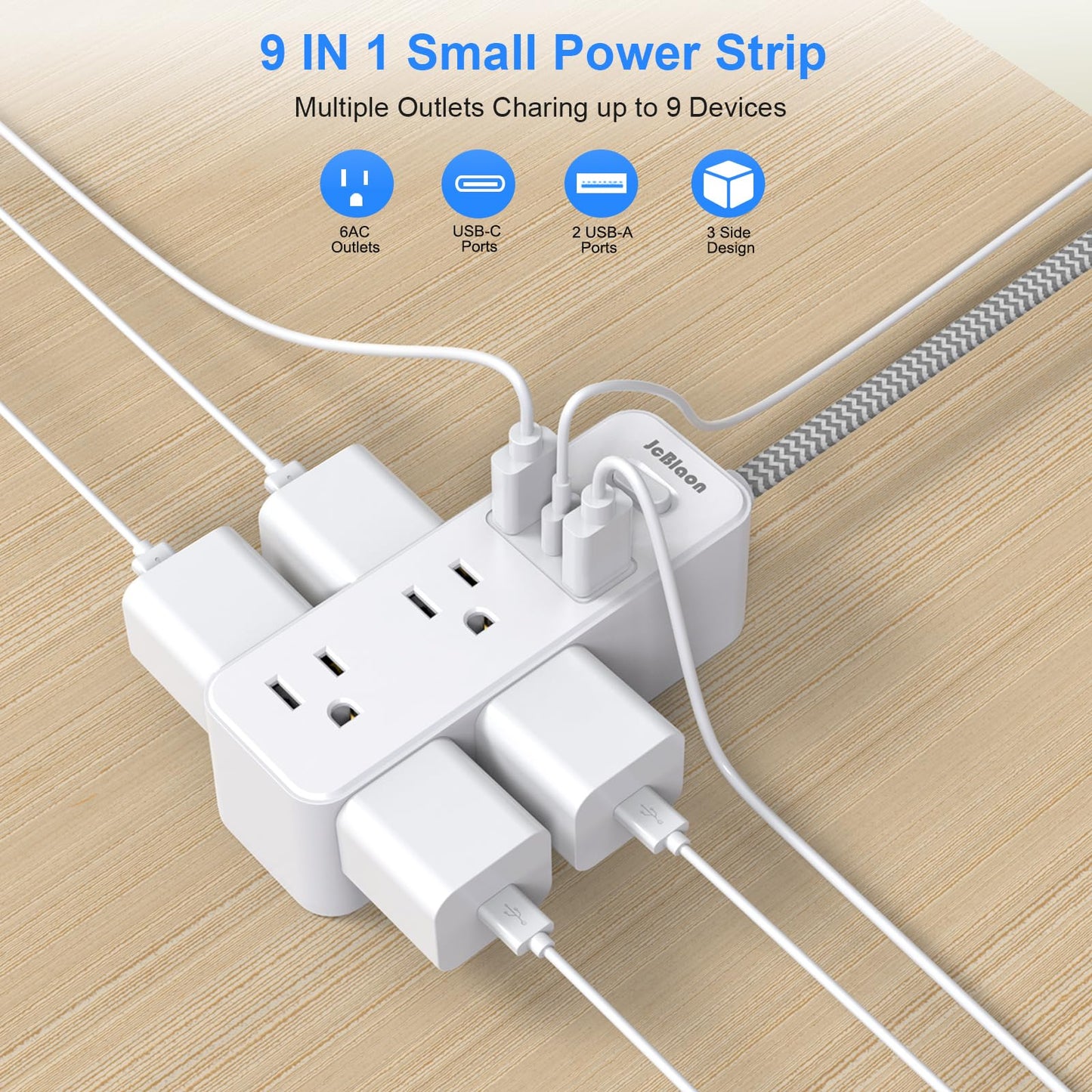 Extension Cord with Multiple outlets, 10 Ft Braided Power Cord, 6 Widely Outlets with 3 USB Ports (1 USB C), Ultra Thin Flat Plug, 3 Sided 1050J Power