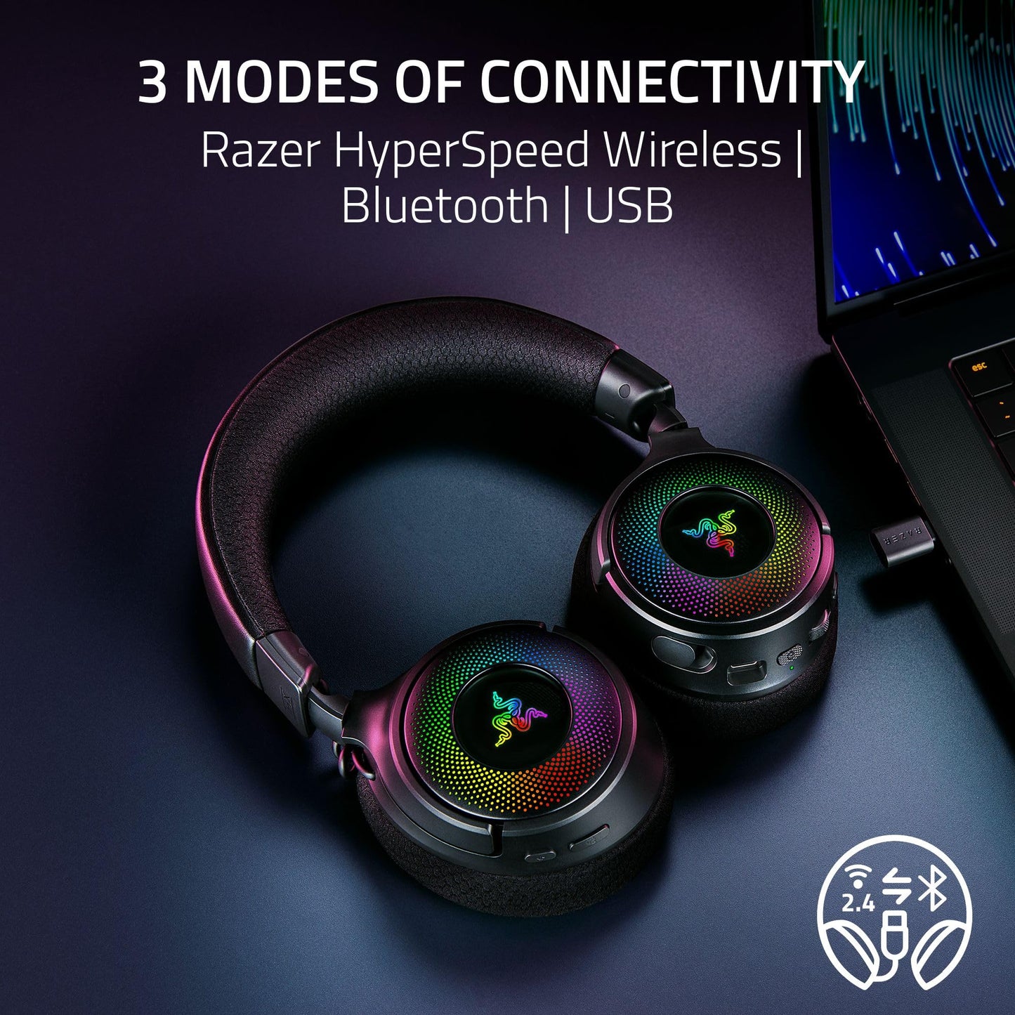 Razer Kraken V4 Wireless Gaming Headset: 2.4GHz, Bluetooth, USB - Super Wideband Mic - 40 mm Drivers - 9 Zone RGB Lighting - for PC, Mac, PS5