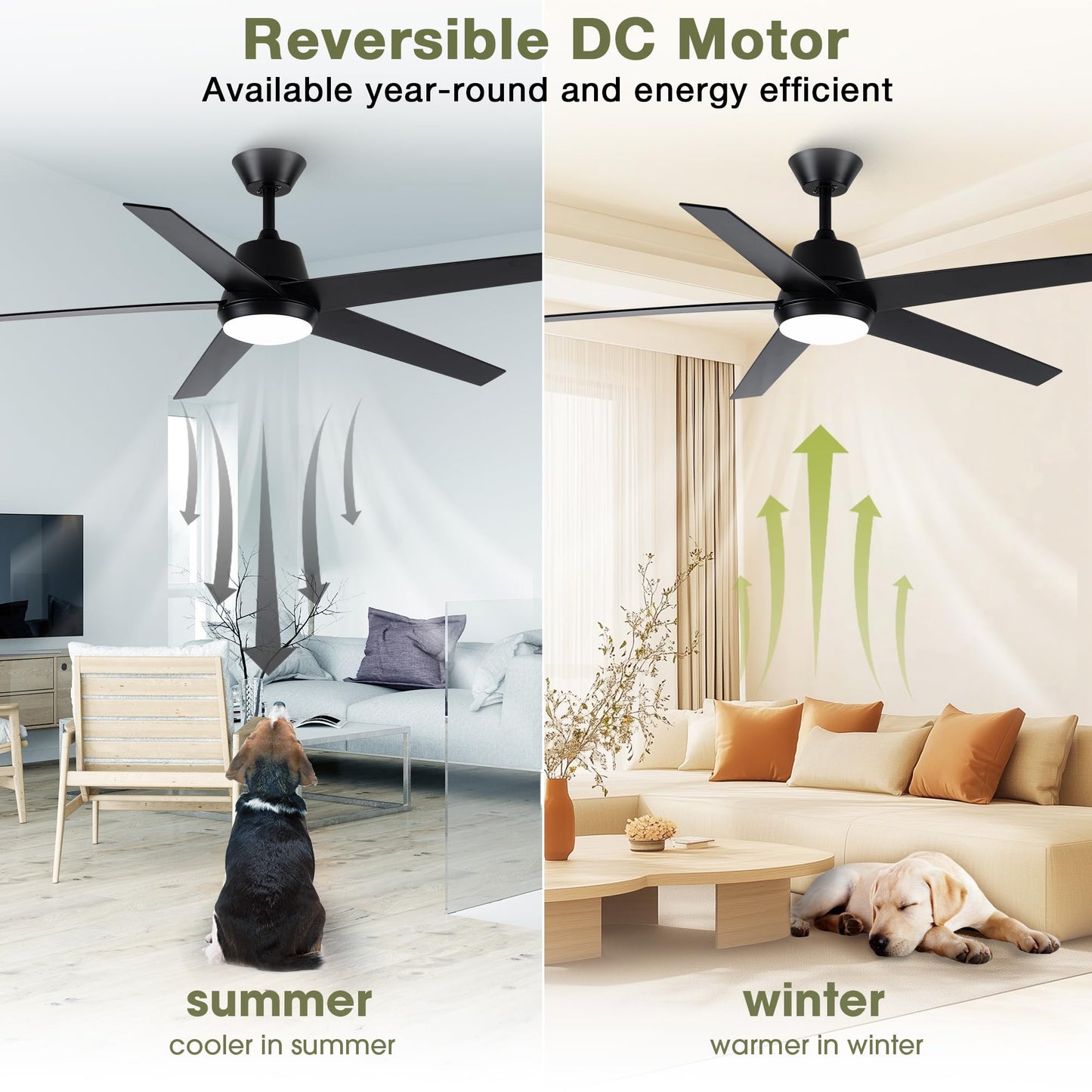 Vaczon 52" Black Ceiling Fan with Light, High Airflow DC Motor, Remote
