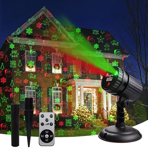 Christmas Laser Projector Lights, 8 Patterns LED Projection Lights with Remote, Landscape Projector Spotlights, Red and Green Star Show, Decoration