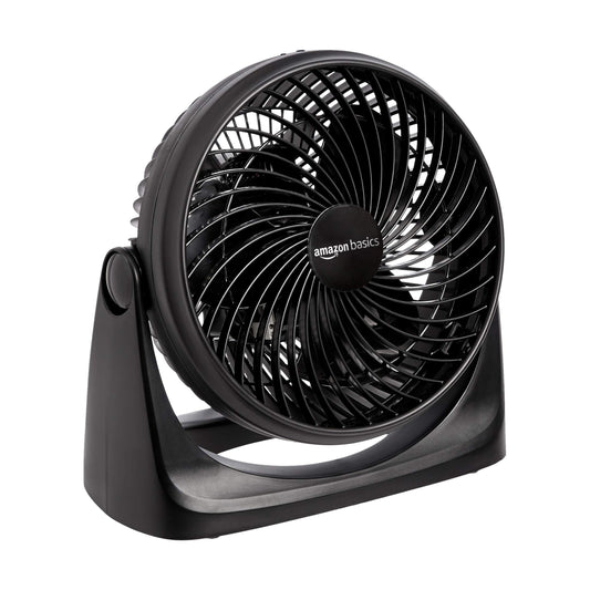 Amazon Basics Air Circulator Desk Fan for Bedroom, Home and Office, 90-Degree Tilt Head, 3 Speed Settings, Cooling, 35 Watts, Black, 11.1"W x 6.3"D x