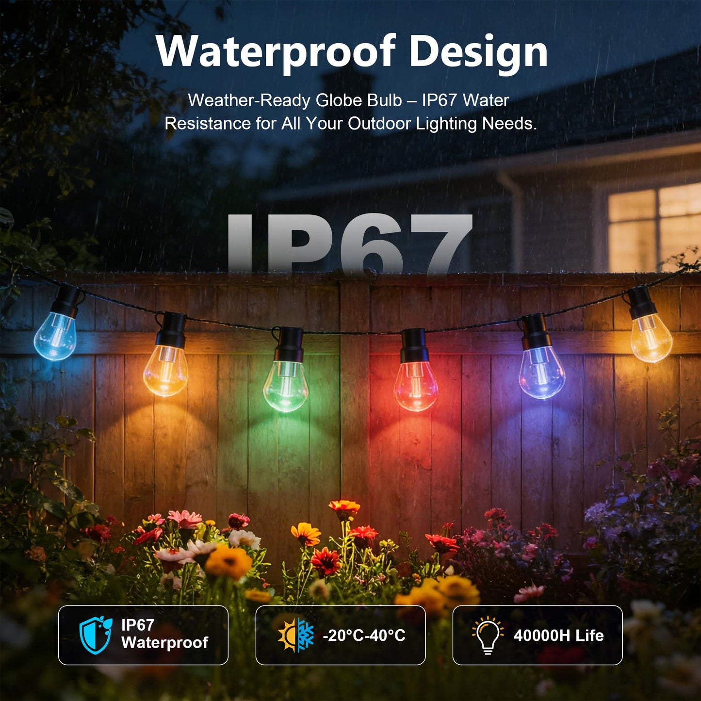 Beizelte Outdoor String Lights, 150FT RGB+IC Outside Light Dimmable Shatterproof LED Bulbs, IP67 Waterproof Chasing Effect Lighting DreamColor Patio