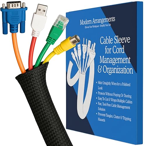 Cable Management Sleeve & Cord Organizer for Desks - Wire Management Cover to Conceal & Protect Messy Cables for Computers, TV & Electronics - 10 ft x