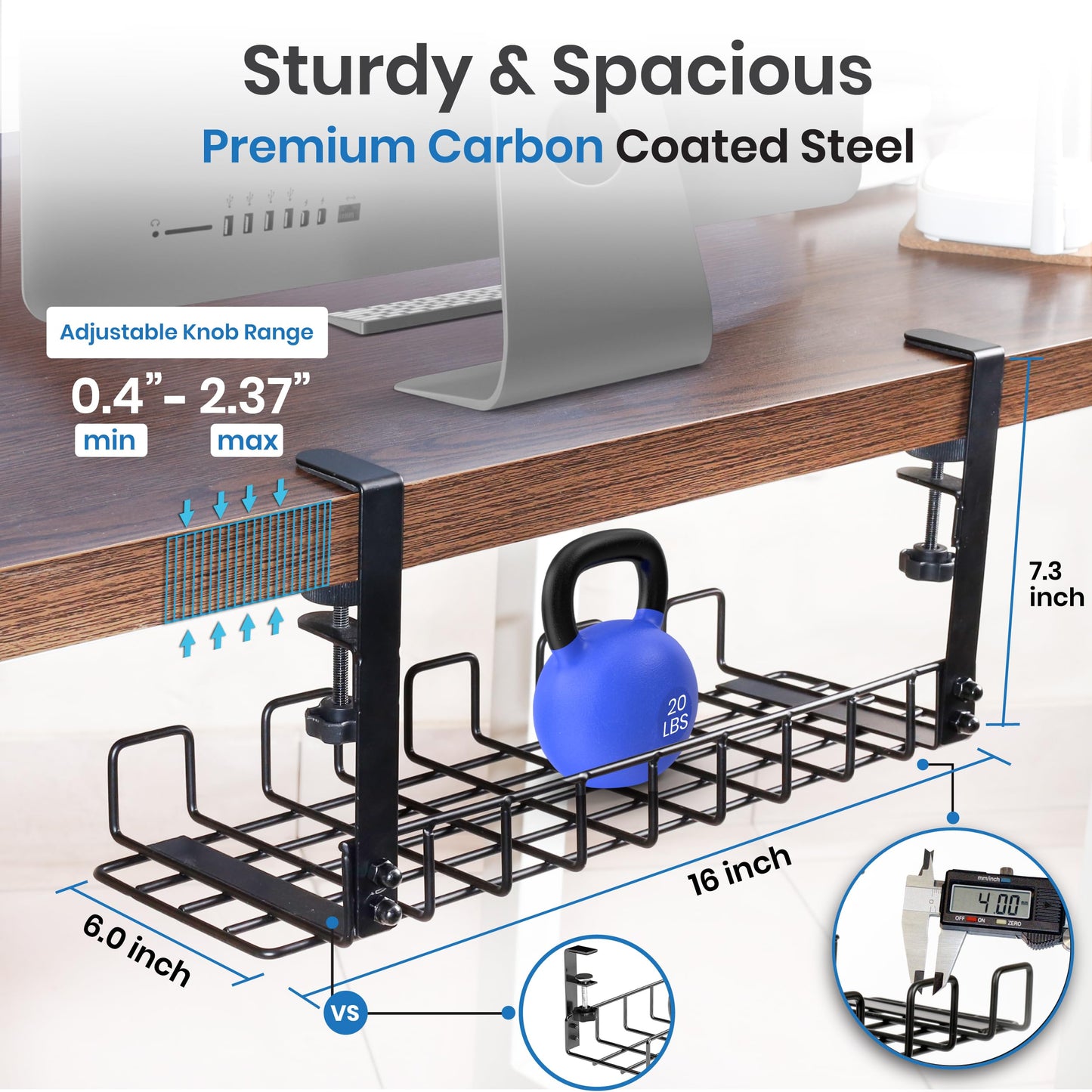 Under Desk Cable Management Tray, 16” No Drill Cord Organizer with Clamps for Wire Management, 4mm Sturdy Wire Desk Cable Organizer Tray, Cable