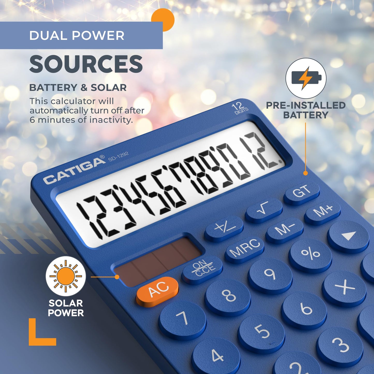 CATIGA 12 Digit Desktop Calculator Basic Desk Calculator with Large LCD Display, Big Buttons, 4 Function, Solar and Battery Dual Power, for Office