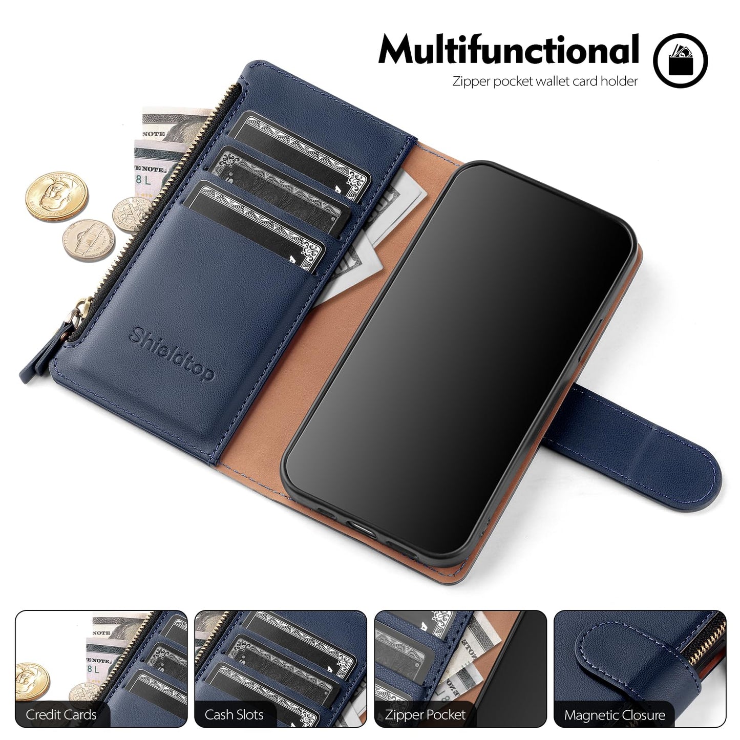 Shieldtop Compatible with iPhone 14 Plus Wallet Case with Card Holder,Women Men RFID Blocking PU Leather Flip Cover Wrist Strap Zipper Credit Card