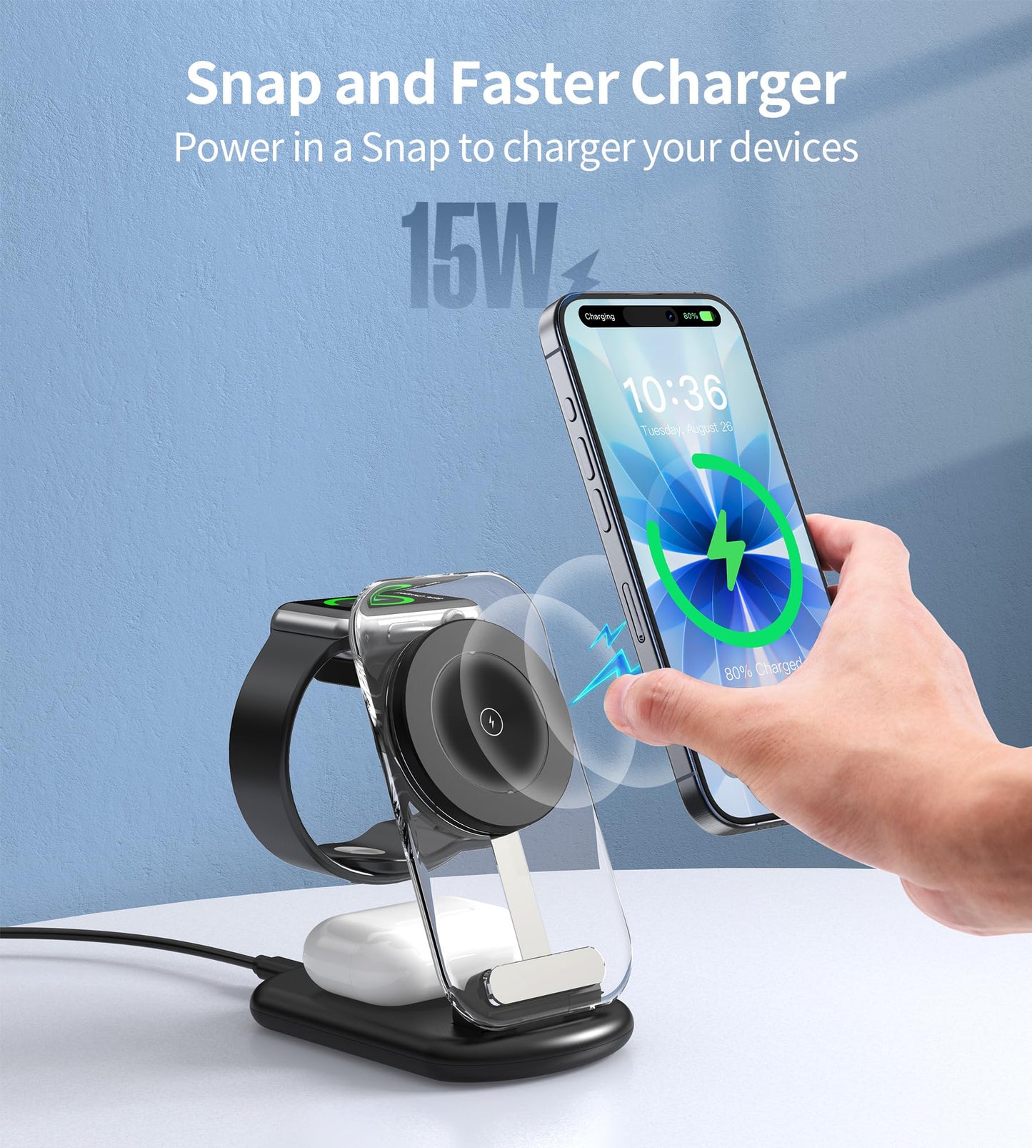 3 in 1 Magnetic Wireless Charging Station for Apple Devices, Fast Foldable Travel Mag-Safe Charger Stand with Night Light for iPhone 17 16 15 14 13 12