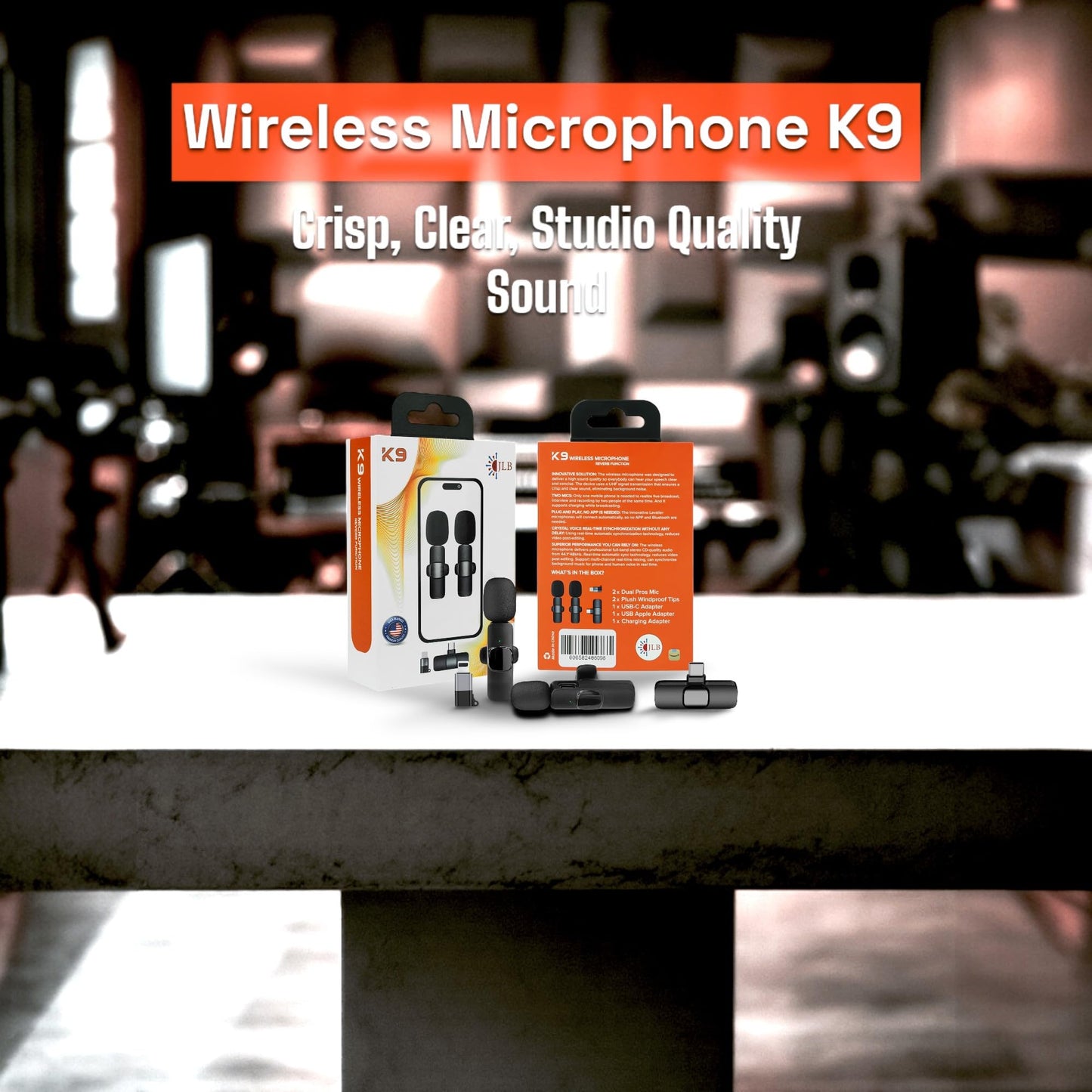 JLB American-Based Wireless Lavalier Microphone 2-Pack for iPhone, iPad, USB-C Devices, Plug & Play, Noise Canceling, 360° Sound Pickup, Reverb Mode