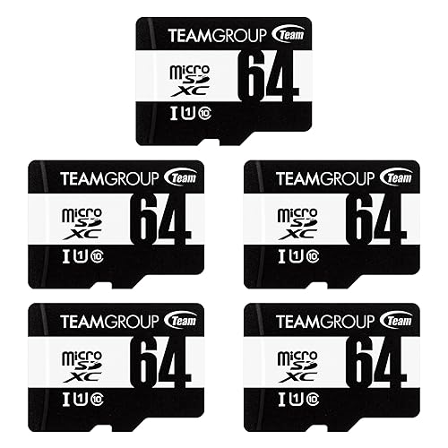 TEAMGROUP Micro 64GB 5 Pack UHS-I U1 Class 10 SDHC SDXC Read Speed up to 100MB/s High Speed Flash Meomry Card with Adapter for Camera, Surveillance