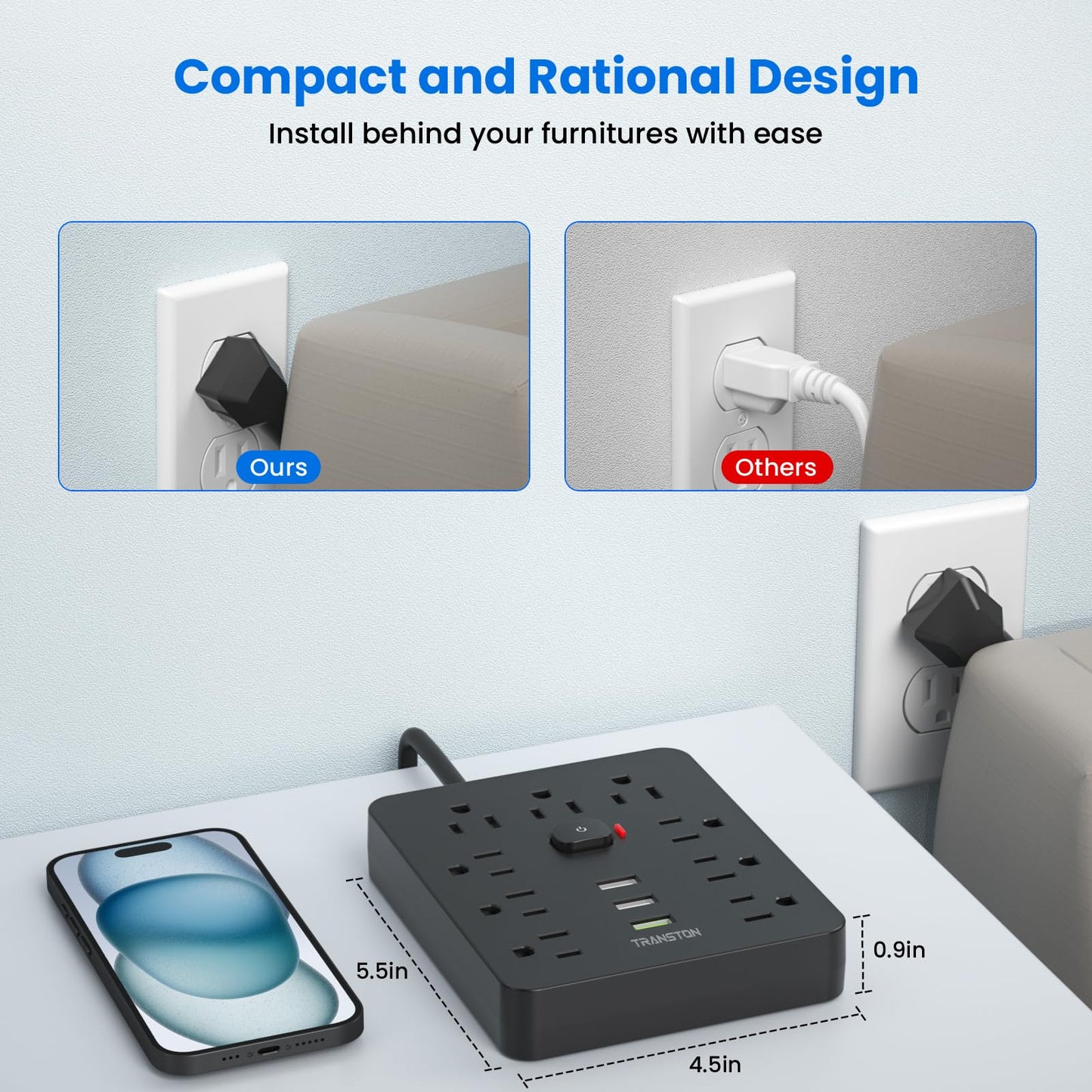 Power Strip Surge Protector with 9 Outlet 3 USB Ports, Fireproof Desktop Charging Station with Flat Plug Wall Mount 5 ft Long Extension Cords for Home