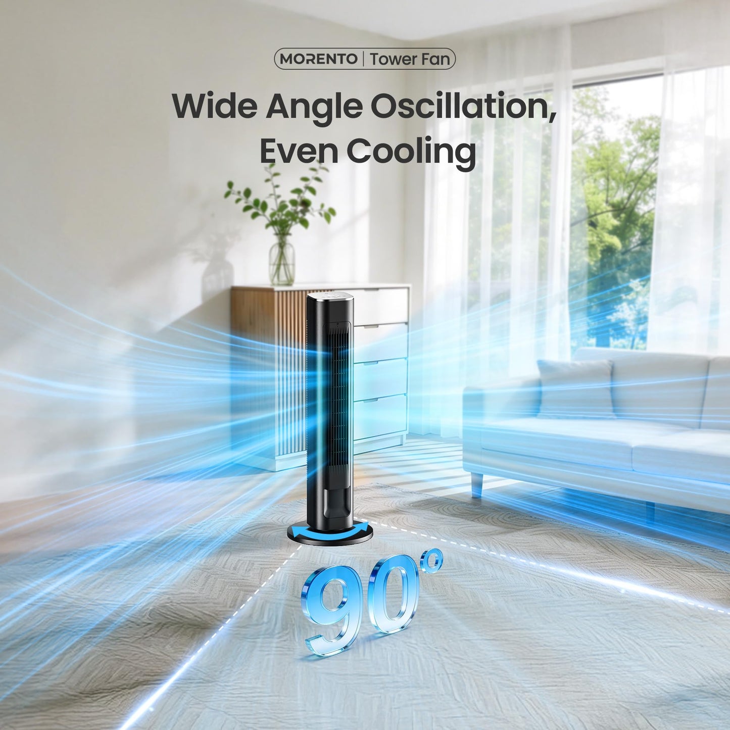 MORENTO Smart Tower Fan, WiFi, 25dB Quiet, 25ft/s, 4 Modes 4 Speeds, Black