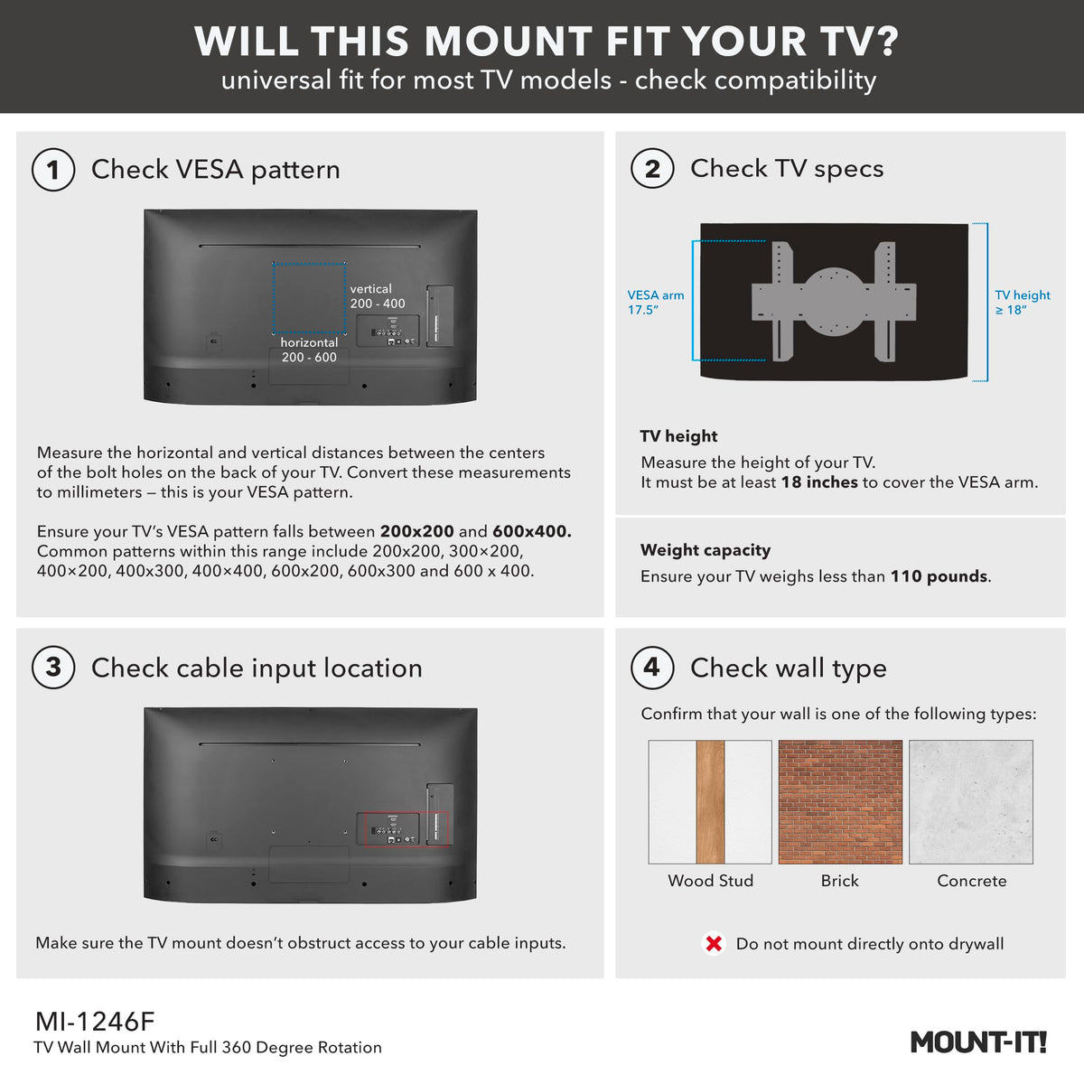 Mount-It! TV Wall Mount Landscape to Portrait Rotation, Fixed Mounting Bracket, Low-Profile for Samsung, Sony, Toshiba, Sharp, LG, Element, Westinghouse, TCL 32 to 60 Inch (Some 70") TVs, 110 lbs