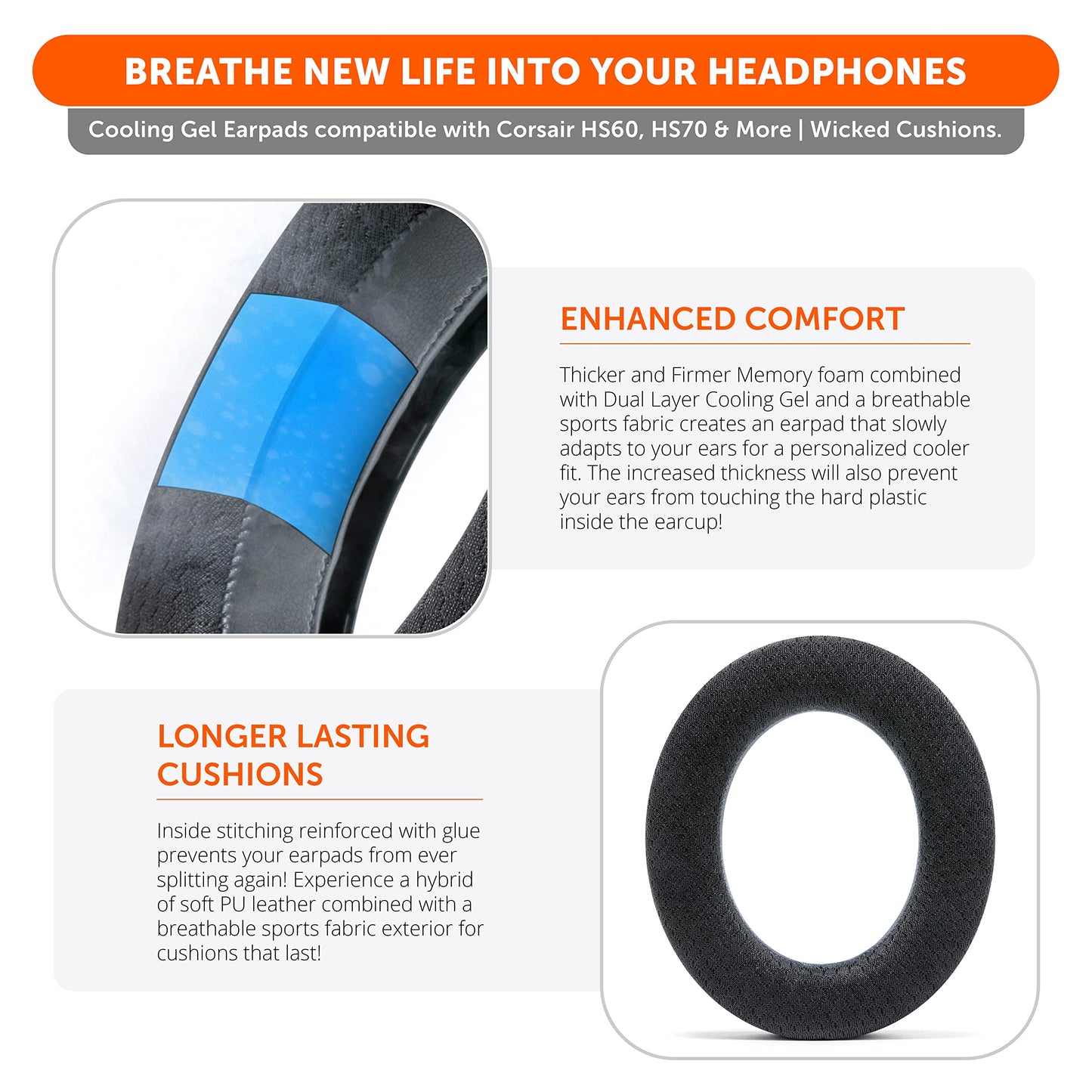 WC Freeze HS60 - Cooling Gel Replacement Earpads for Corsair HS50, HS60, HS70 & More by Wicked Cushions - Boost Comfort, Durability, Thickness & Sound