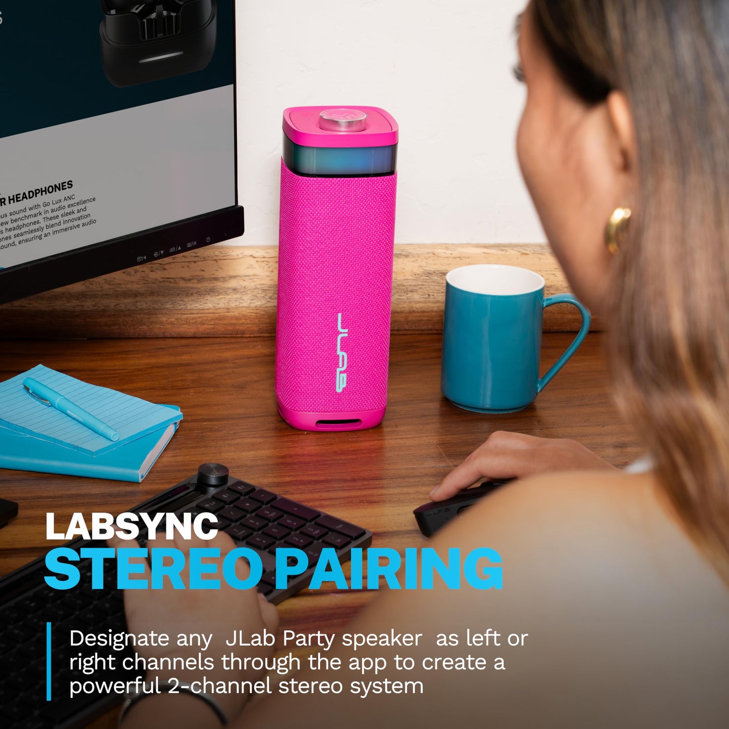 JLab JBuds Party Portable Bluetooth Speaker, 2 Full-Range Drivers + 2 Passive Woofers, IP56 Waterproof, 12 Hours Playtime, Connect Multiple Speakers