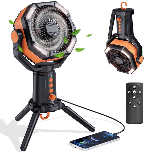 MORIKO Table Fans Tripod, 20000mAh Rechargeable Battery Operated Portable Tent Fan with LED Lantern, Remote Control, Hook, 270° Pivot, Stepless