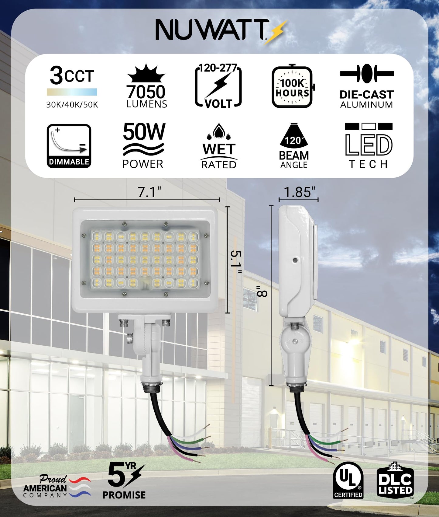 NUWATT 50W LED Flood Light, 3CCT 3000K/4000K/5000K Selectable, IP65 Waterproof Lighting, Adjustable Knuckle Mount, 7050LM, 0-10V Dimmable, 120-277V