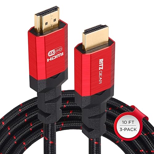 Ritz Gear 4K HDMI 2.0 Cable 10 ft. [3 Pack] 18 Gbps Ultra High Speed Braided Nylon Cord & Gold Connectors - 4K@60Hz/UHD/3D/2160p/1080p/ARC & Ethernet.