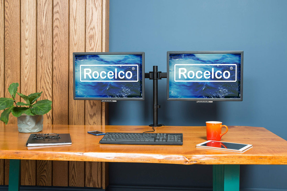 Rocelco Premium Desk Computer Monitor Mount - Standard Pattern Fits 13" - 27" LED LCD Dual Flat Screen - Double Articulated Full Motion Adjustable Arm