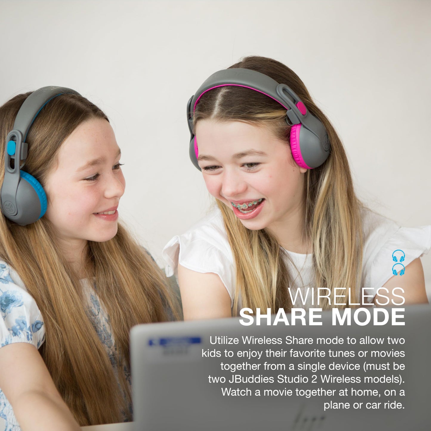 JLab, JBuddies Studio 2, Kids Headphones, Wireless Bluetooth On Ear, Volume Limiting, Foldable, Grey/Pink