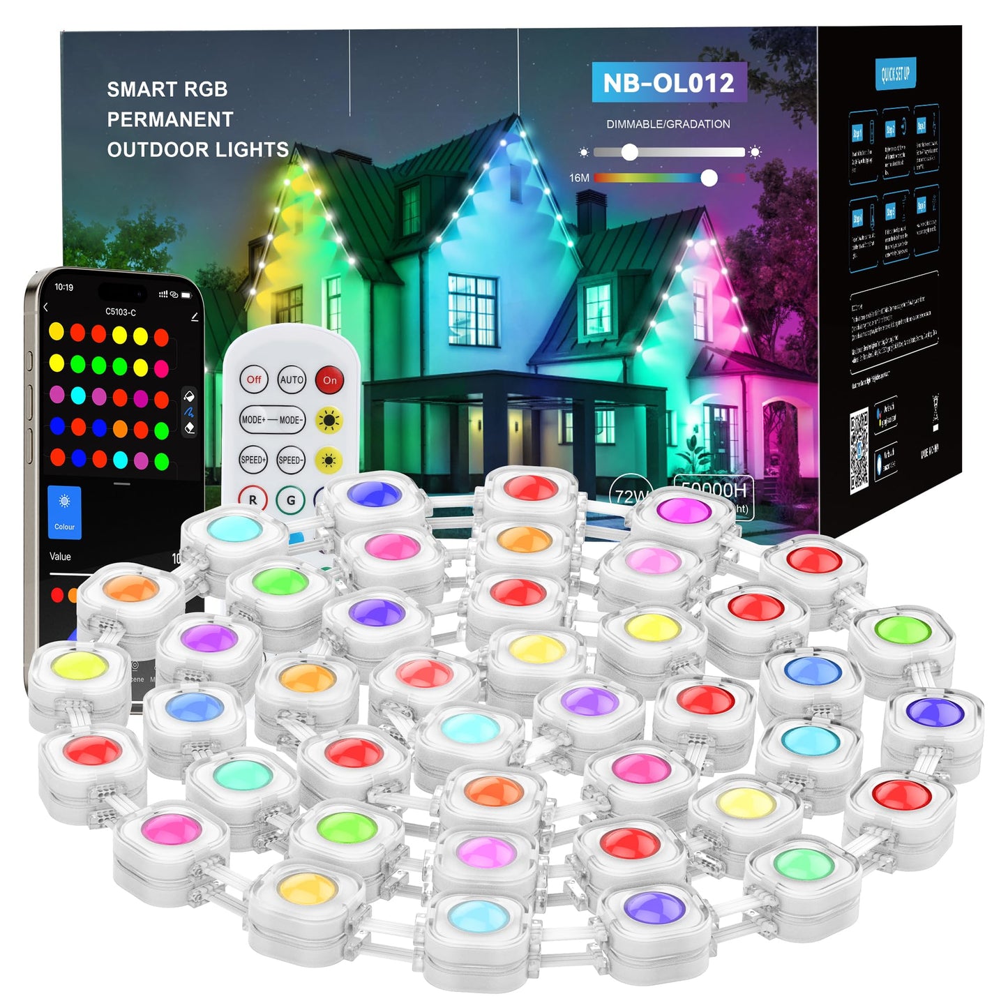 Permanent Outdoor Lights, 50ft Smart RGB Outdoor Light, 36 LED Eaves Lights with 54 Scene Mode, IP67 Waterproof for Halloween, Christmas, New Year