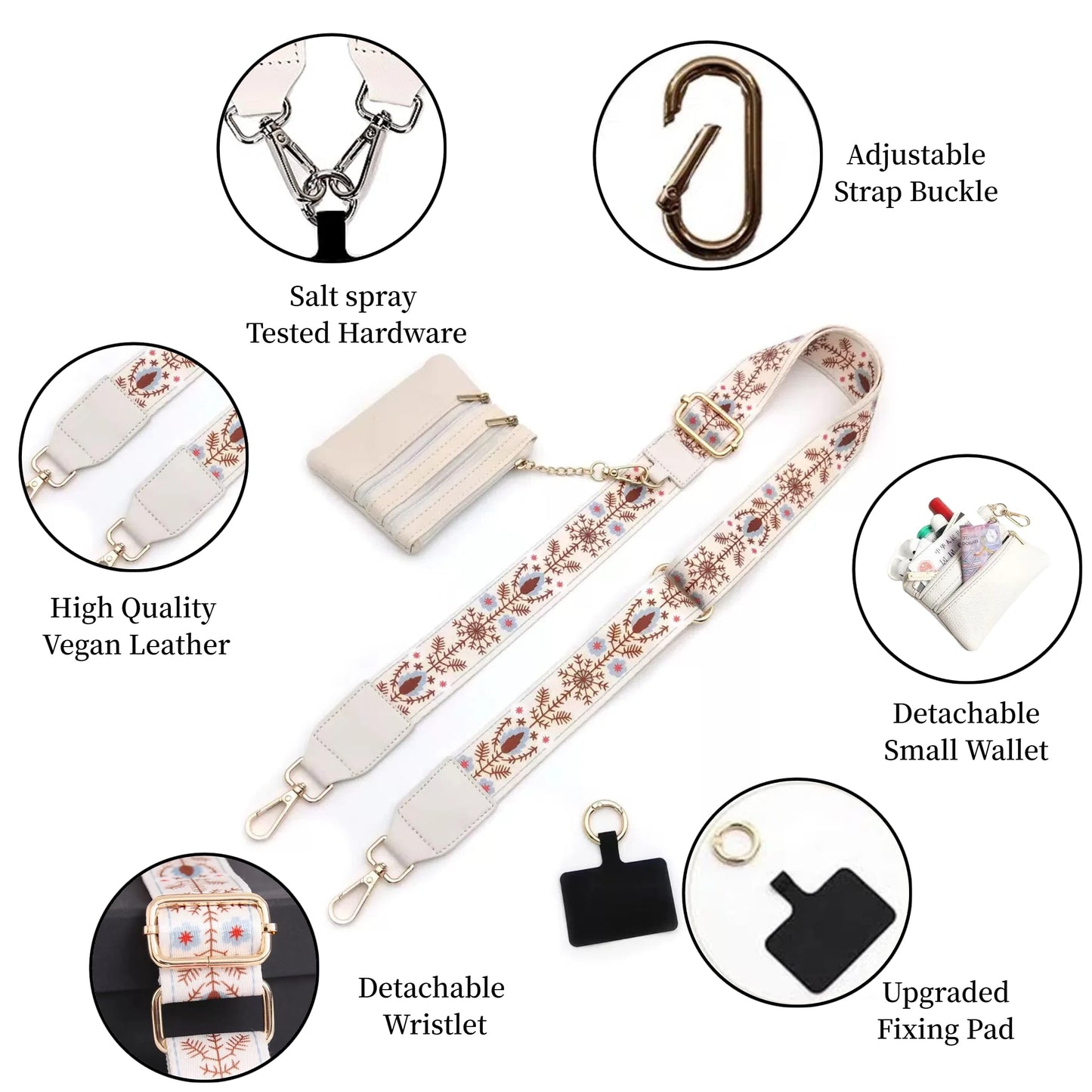 Surlveia Crossbody Body Phone Holder for Women, New Phone Strap with Zippered Pouch, Adjustable Crossbody Strap (Flower white)