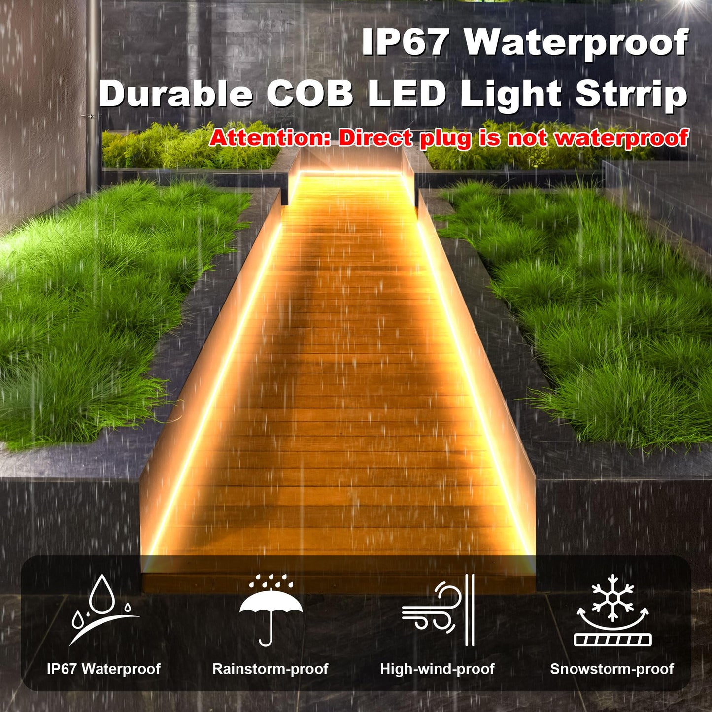 Gliztech IP67 Waterproof COB LED Strip Lights AC 110V-120V Direct Plug, 66FT Super Bright Outdoor Strip Lights with Double Fuse Controller, LED Strips