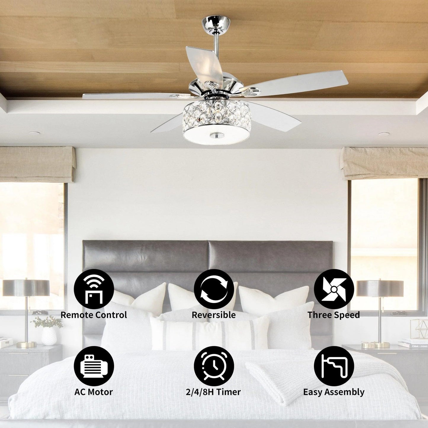 Vaczon 52 Inch Ceiling Fan with Light & Remote - Farmhouse Caged Fandelier, Crystal Ceiling Fan with 6 Speeds,Reversible Motor