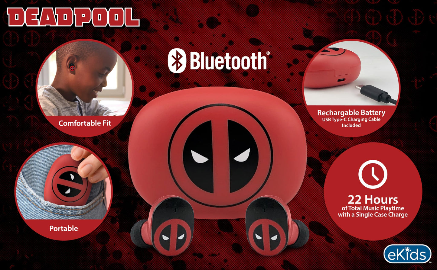 Deadpool Wireless Earbuds with Mic, Bluetooth Earbuds with Charging Case